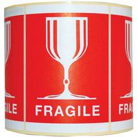 Sikkerhedslabel med teksten Fragile + et glas