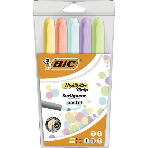 Overstregningstusch Highlighter Grip - pastel - lomme m. 5 farver -BIC