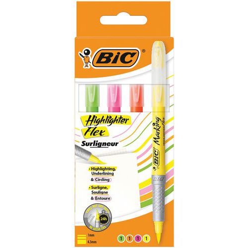 Overstregningstusch BIC Highlighter Grip Flex - ass. farver - sæt m. 4